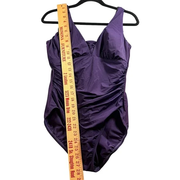 Lands End Slender Suit Purple One Piece Swimsuit Ruched V-Neck Size 12 517227 - Picture 4 of 9